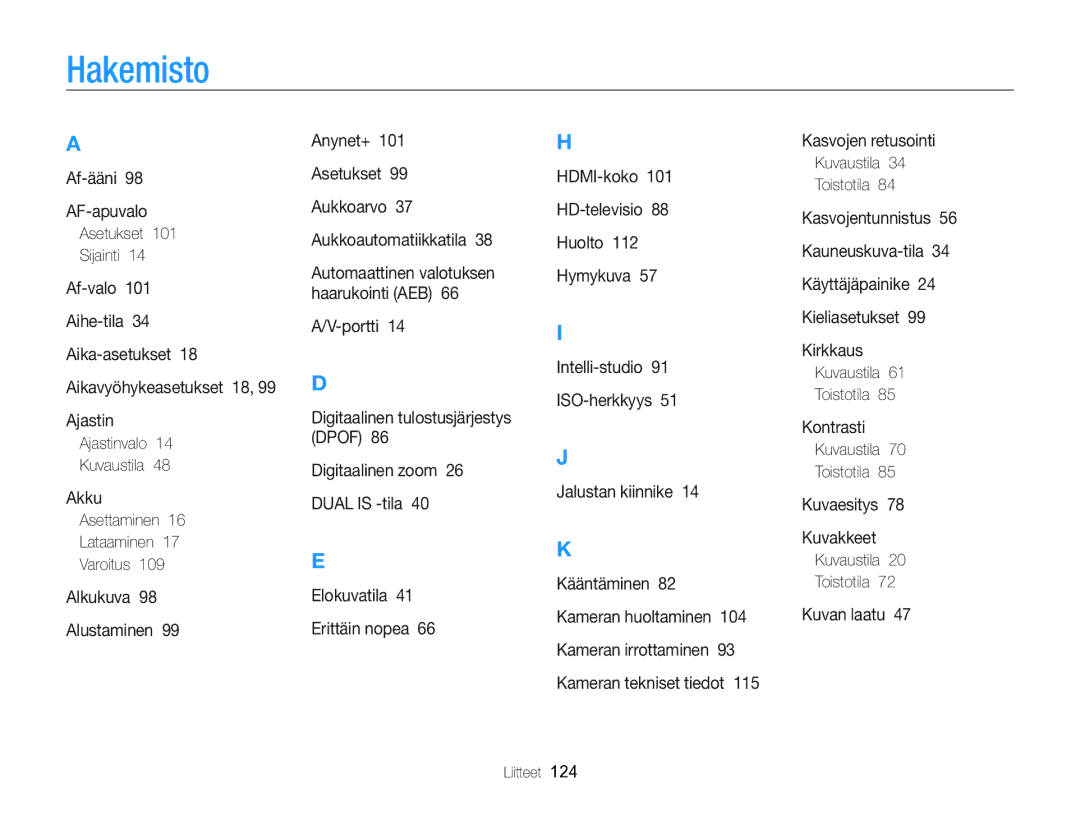 Samsung EC-WB700ZBPBE2 manual Hakemisto, Asetukset Sijainti, Ajastinvalo Kuvaustila, Asettaminen Lataaminen Varoitus 