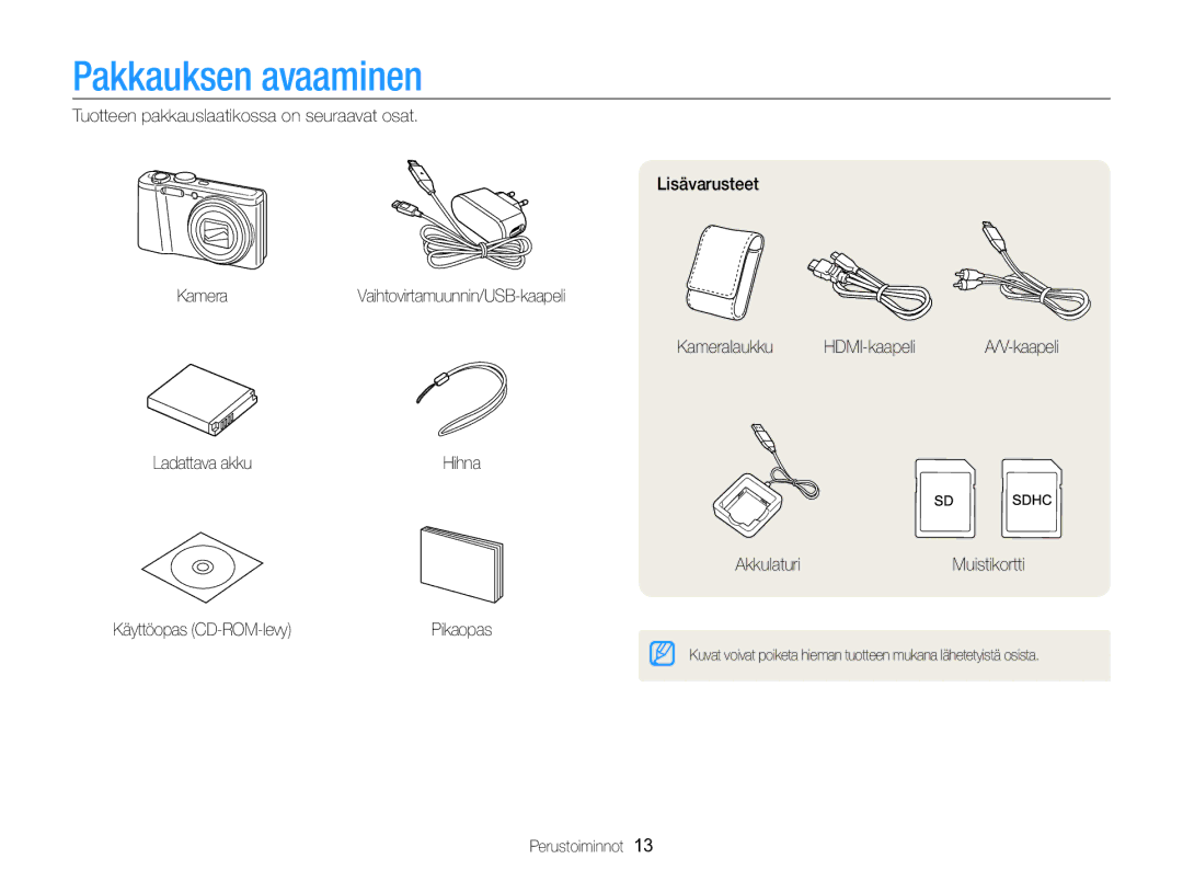 Samsung EC-WB700ZBPSE2 Pakkauksen avaaminen, Käyttöopas CD-ROM-levy, Kameralaukku HDMI-kaapeli, AkkulaturiMuistikortti 