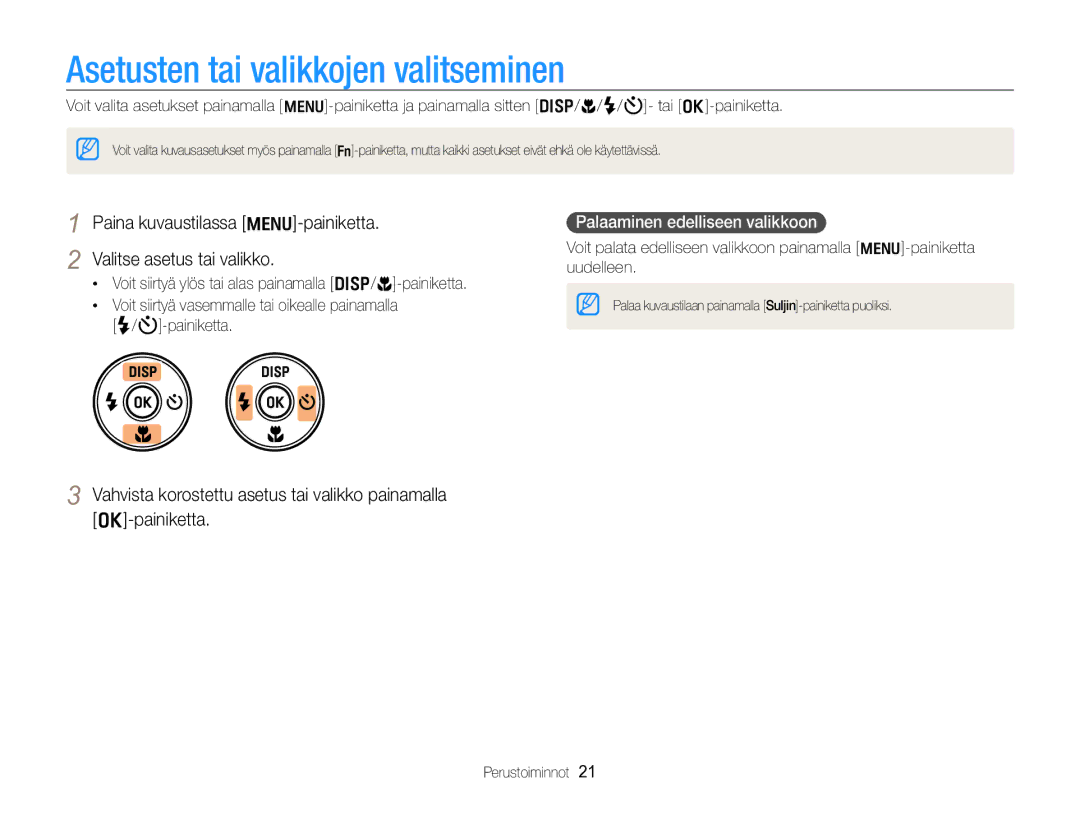 Samsung EC-WB700ZBPSE2 Asetusten tai valikkojen valitseminen, Valitse asetus tai valikko, Palaaminen edelliseen valikkoon 