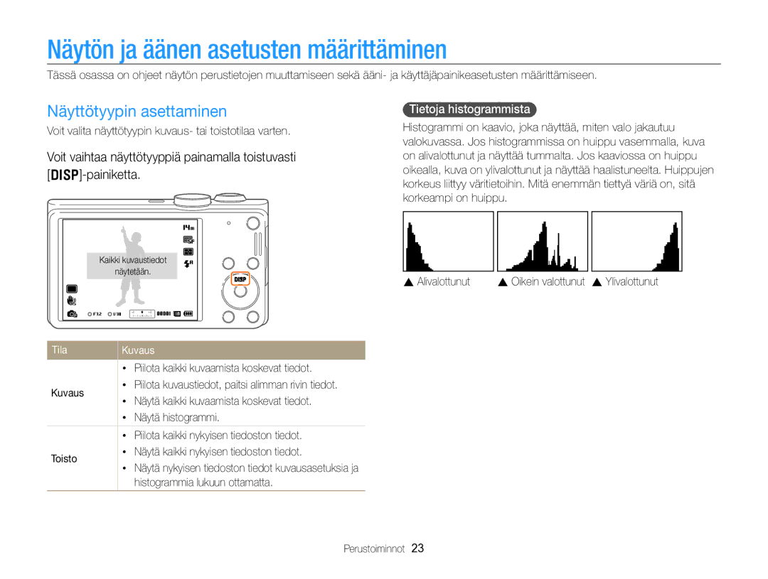 Samsung EC-WB700ZBPSE2 manual Näytön ja äänen asetusten määrittäminen, Näyttötyypin asettaminen, Tietoja histogrammista 