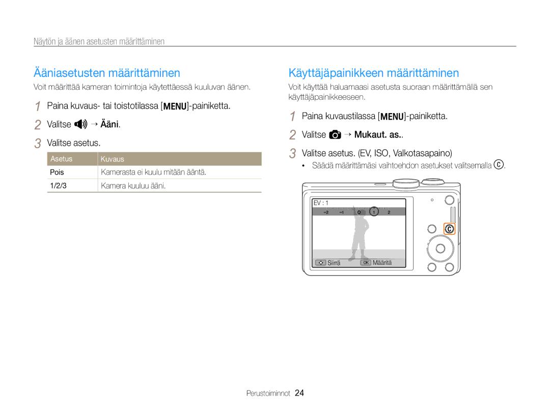 Samsung EC-WB700ZBPBE2, EC-WB700ZBPSE2 manual Ääniasetusten määrittäminen, Käyttäjäpainikkeen määrittäminen, Asetus Kuvaus 