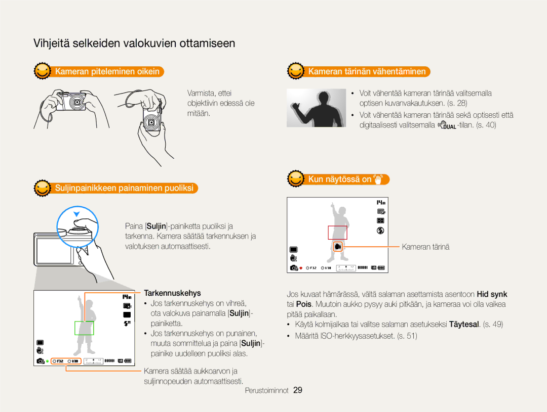 Samsung EC-WB700ZBPSE2 Kameran piteleminen oikein, Kameran tärinän vähentäminen, Suljinpainikkeen painaminen puoliksi 