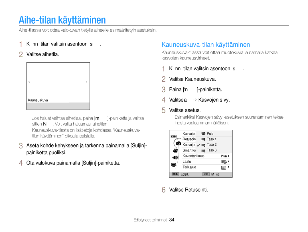 Samsung EC-WB700ZBPBE2, EC-WB700ZBPSE2 manual Aihe-tilan käyttäminen, Kauneuskuva-tilan käyttäminen, Valitse Retusointi 