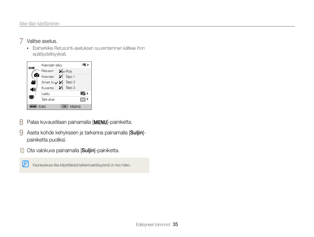 Samsung EC-WB700ZBPSE2 manual Aihe-tilan käyttäminen, Palaa kuvaustilaan painamalla m-painiketta, Painiketta puoliksi 