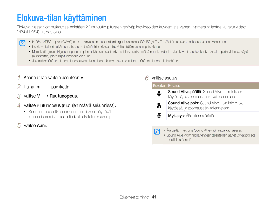 Samsung EC-WB700ZBPSE2, EC-WB700ZBPBE2 Elokuva-tilan käyttäminen, Valitse Ääni Valitse asetus, Mykistys Älä tallenna ääntä 