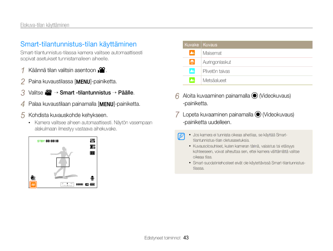 Samsung EC-WB700ZBPSE2 manual Smart-tilantunnistus-tilan käyttäminen, Maisemat Auringonlaskut Pilvetön taivas Metsäalueet 