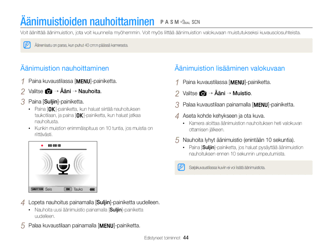 Samsung EC-WB700ZBPBE2, EC-WB700ZBPSE2 manual Äänimuistioiden nauhoittaminen p a h M d s, Äänimuistion nauhoittaminen 