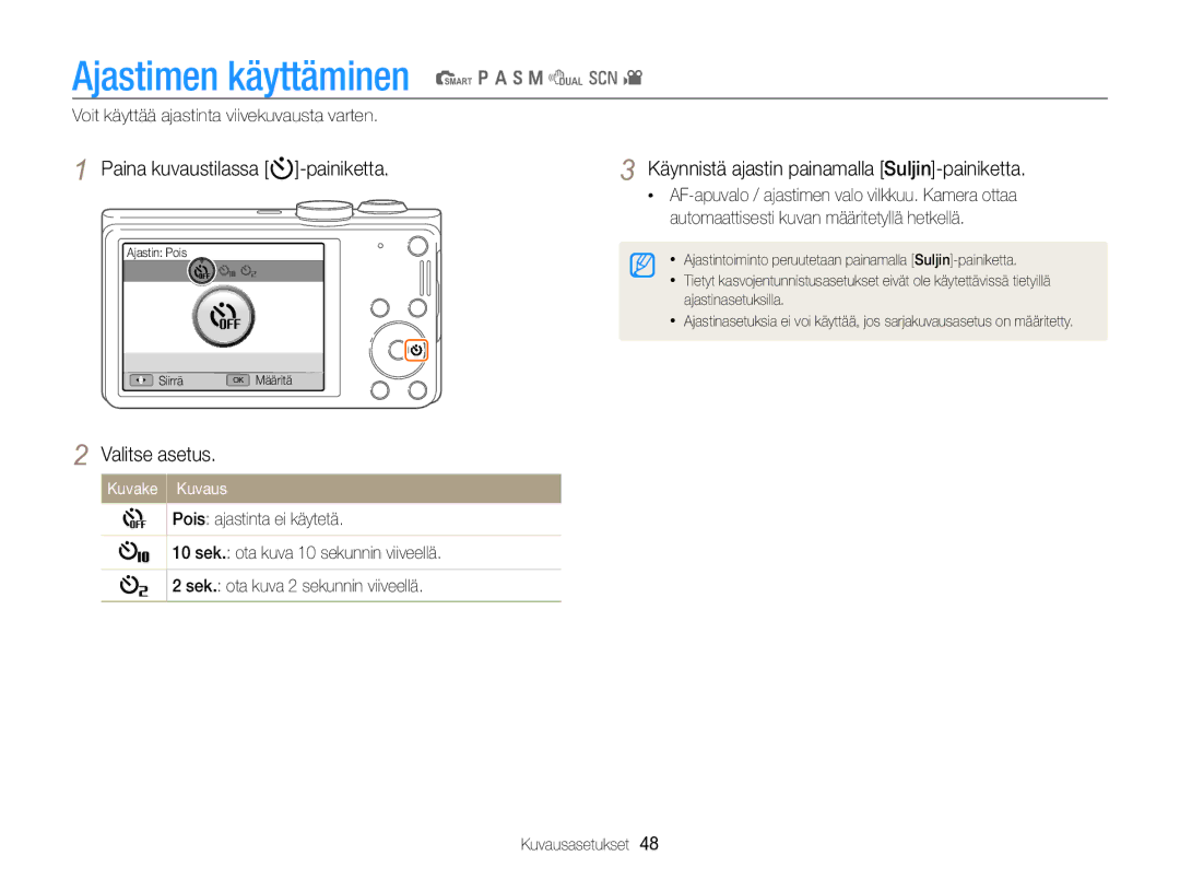 Samsung EC-WB700ZBPBE2, EC-WB700ZBPSE2 manual Ajastimen käyttäminen S p a h M d s, Paina kuvaustilassa t-painiketta 