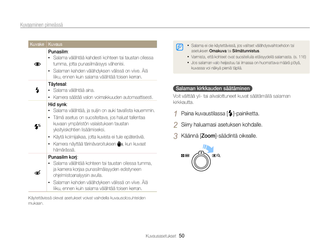 Samsung EC-WB700ZBPBE2, EC-WB700ZBPSE2 manual Kuvaaminen pimeässä, Salaman kirkkauden säätäminen 