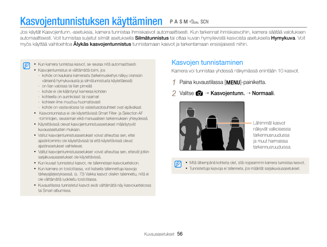 Samsung EC-WB700ZBPBE2, EC-WB700ZBPSE2 manual Kasvojentunnistuksen käyttäminen p a h M d s, Kasvojen tunnistaminen 