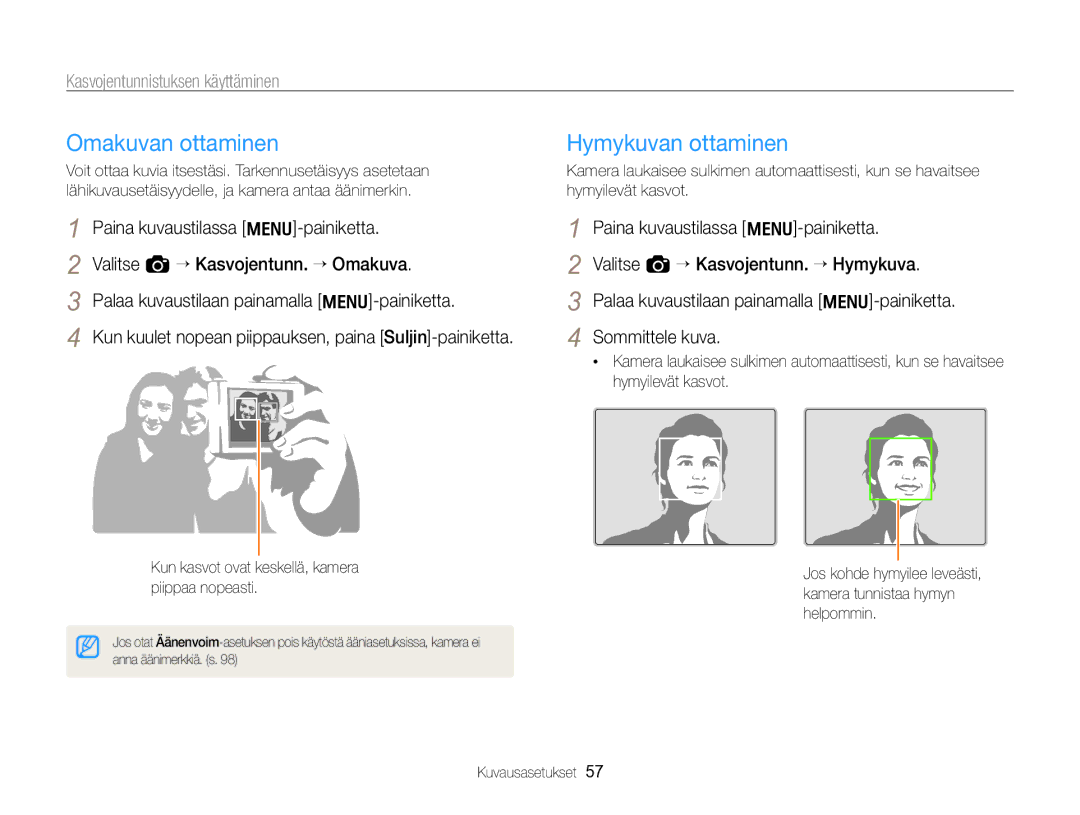 Samsung EC-WB700ZBPSE2, EC-WB700ZBPBE2 manual Omakuvan ottaminen, Hymykuvan ottaminen, Kasvojentunnistuksen käyttäminen 