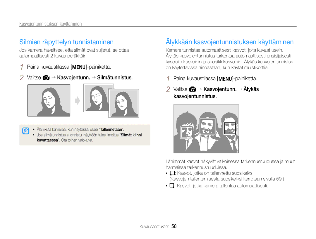 Samsung EC-WB700ZBPBE2, EC-WB700ZBPSE2 manual Silmien räpyttelyn tunnistaminen, Älykkään kasvojentunnistuksen käyttäminen 