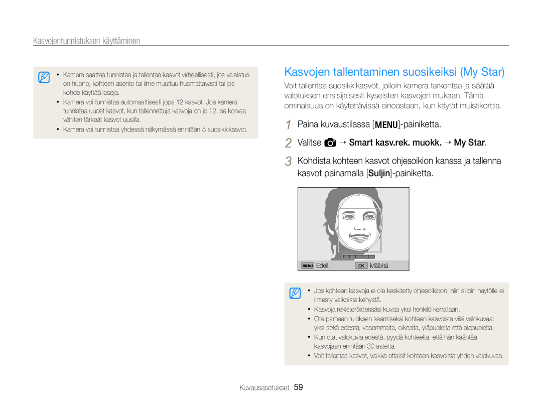 Samsung EC-WB700ZBPSE2, EC-WB700ZBPBE2 manual Kasvojen tallentaminen suosikeiksi My Star 