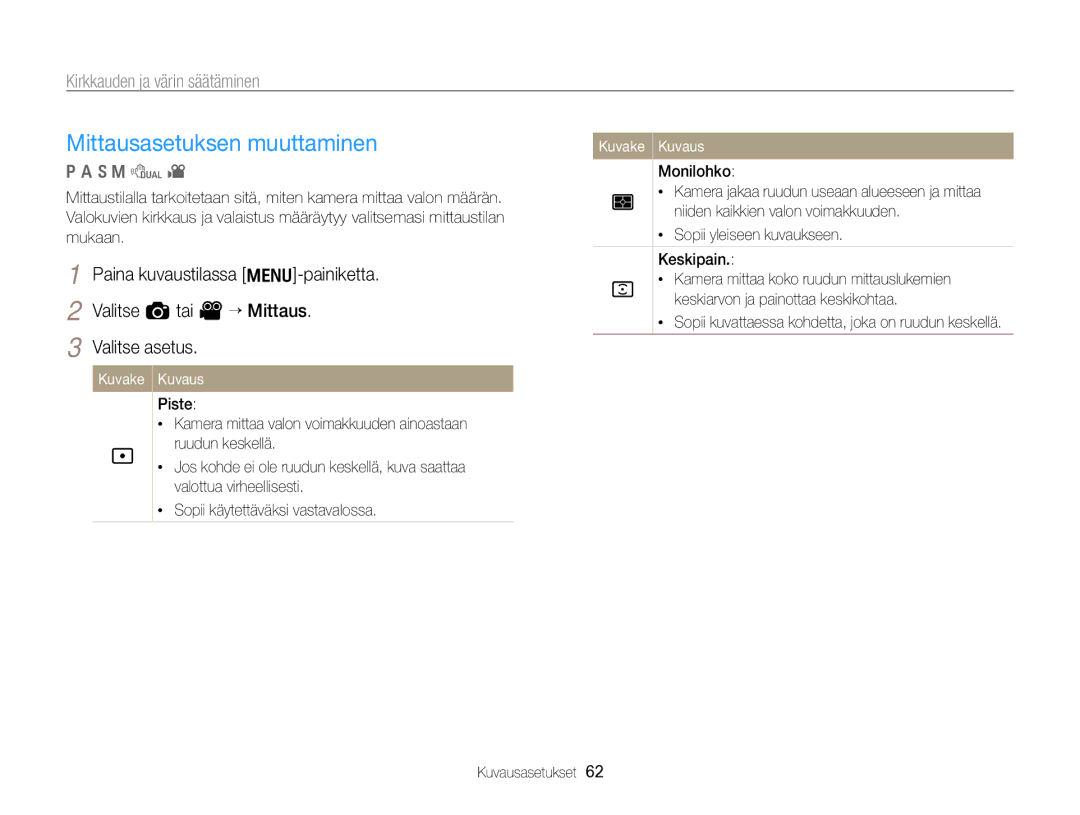 Samsung EC-WB700ZBPBE2, EC-WB700ZBPSE2 manual Mittausasetuksen muuttaminen, Valitse a tai V “ Mittaus 