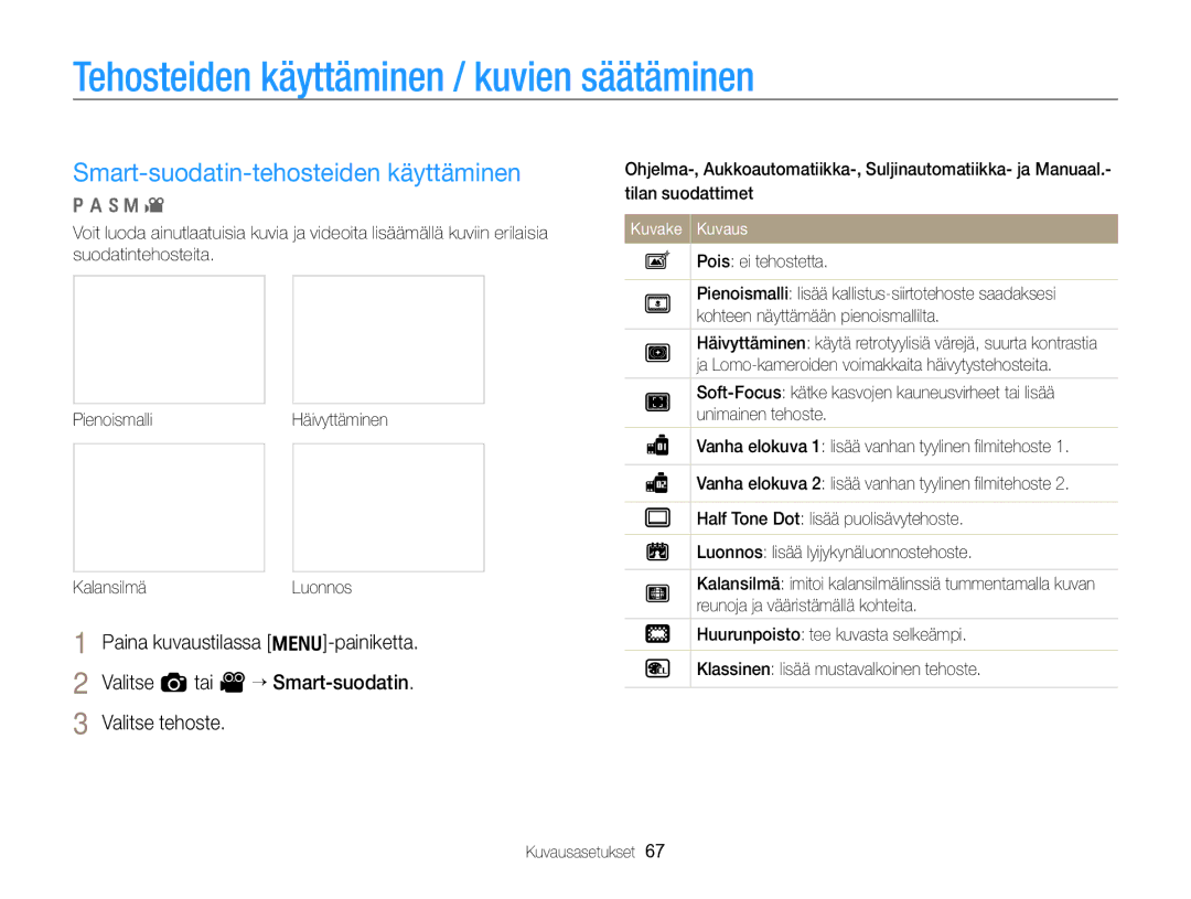 Samsung EC-WB700ZBPSE2, EC-WB700ZBPBE2 Tehosteiden käyttäminen / kuvien säätäminen, Smart-suodatin-tehosteiden käyttäminen 