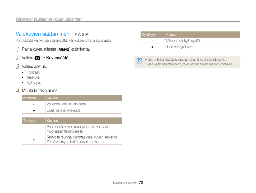 Samsung EC-WB700ZBPBE2 manual Valokuvien säätäminen p a h M, Muuta kutakin arvoa, Kontrasti, Terävyys Kuvaus, Kylläisyys 