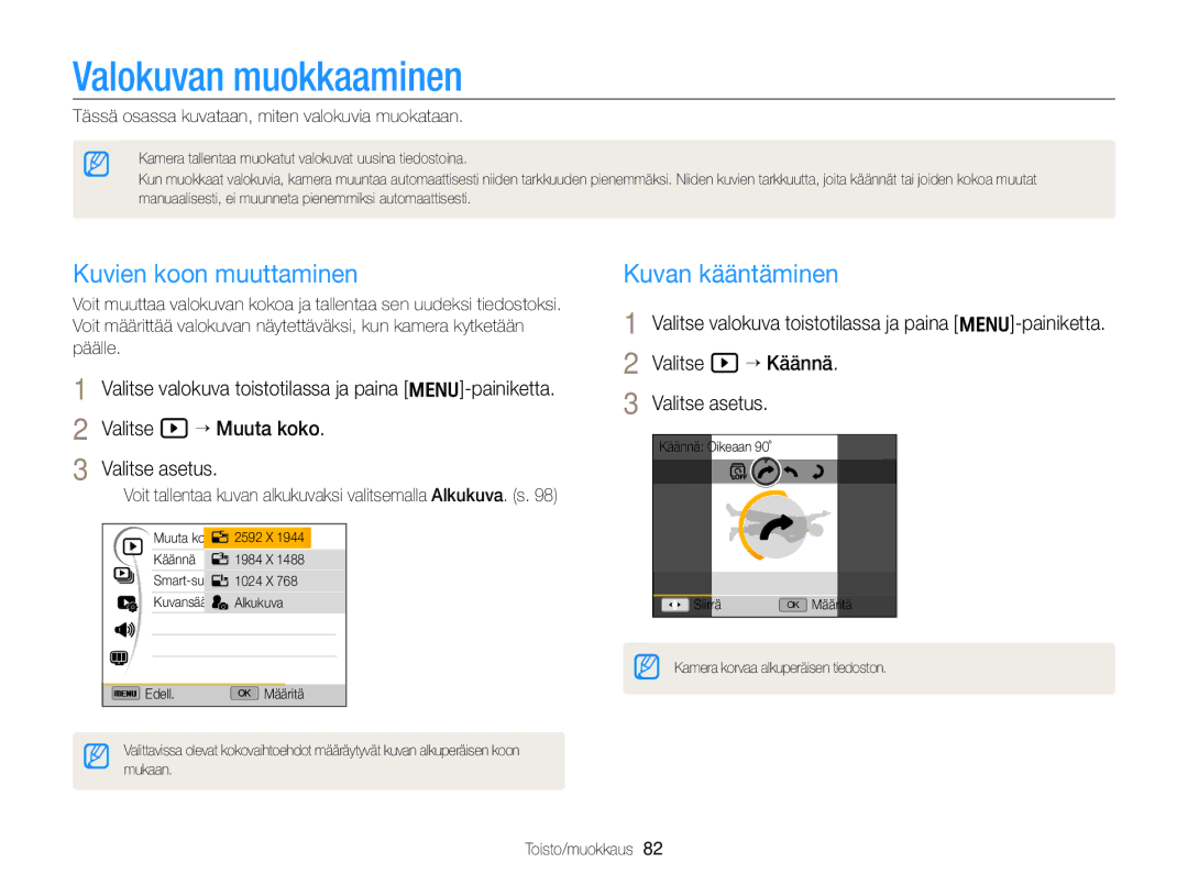 Samsung EC-WB700ZBPBE2, EC-WB700ZBPSE2 manual Valokuvan muokkaaminen, Kuvien koon muuttaminen, Kuvan kääntäminen 