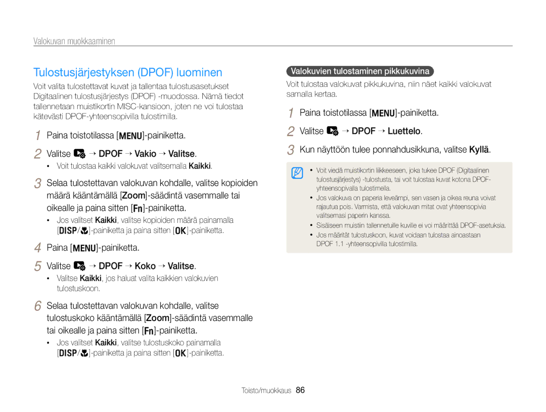 Samsung EC-WB700ZBPBE2 manual Tulostusjärjestyksen Dpof luominen, Paina m-painiketta Valitse L “ Dpof “ Koko “ Valitse 