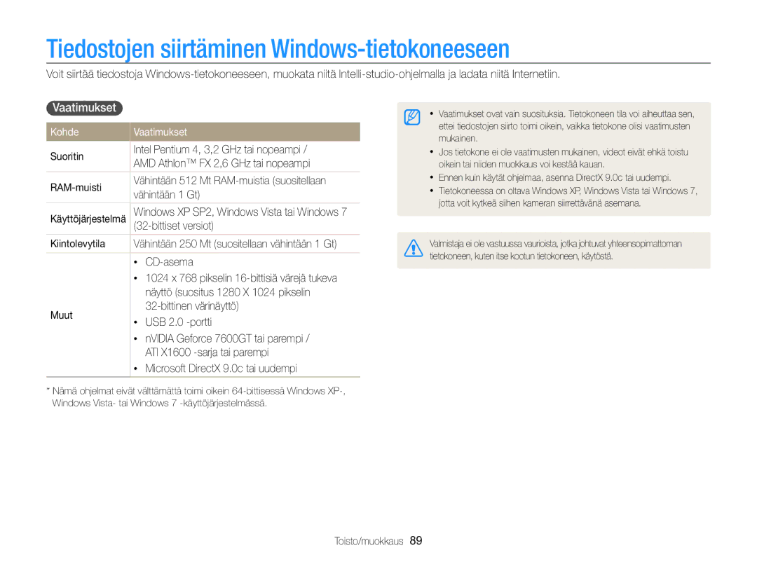 Samsung EC-WB700ZBPSE2, EC-WB700ZBPBE2 manual Tiedostojen siirtäminen Windows-tietokoneeseen, Kohde Vaatimukset 