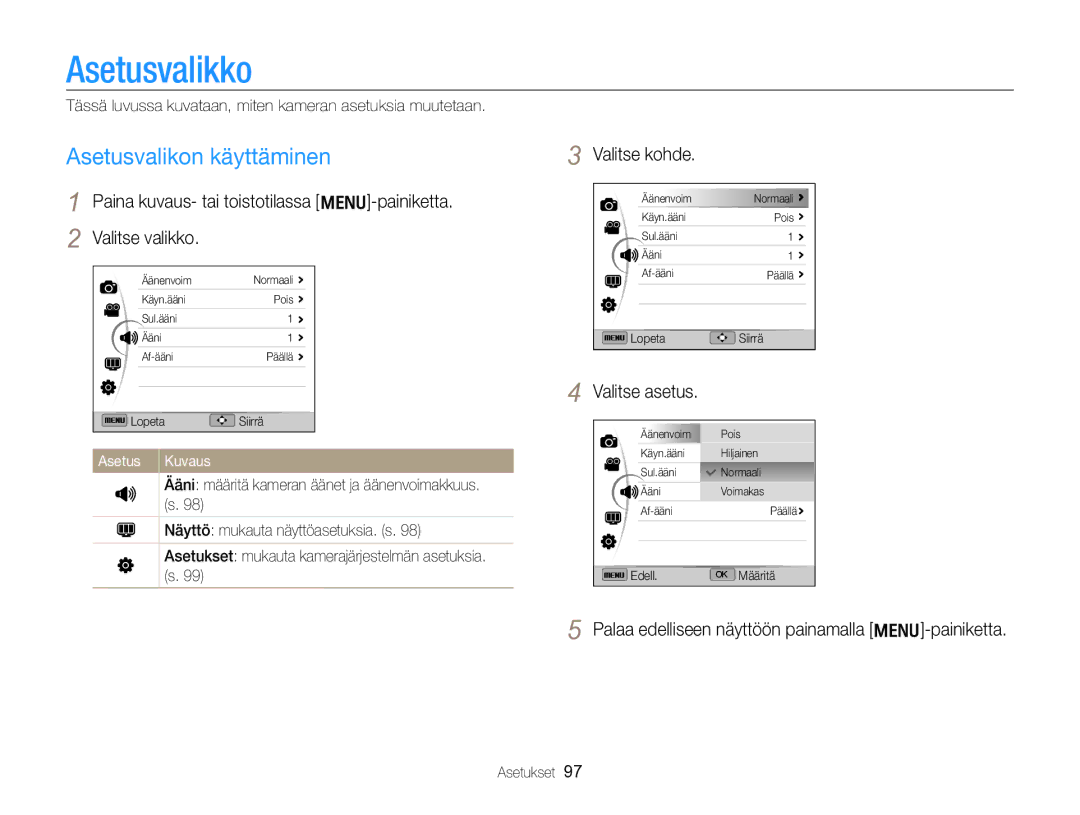 Samsung EC-WB700ZBPSE2 manual Asetusvalikko, Asetusvalikon käyttäminen, Paina kuvaus- tai toistotilassa m-painiketta 