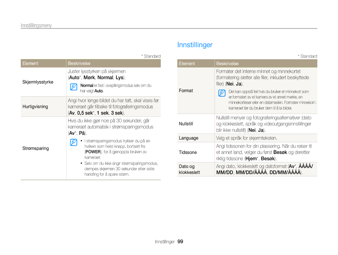 Samsung EC-WB700ZBPSE2, EC-WB700ZBPBE2 manual Innstillinger 