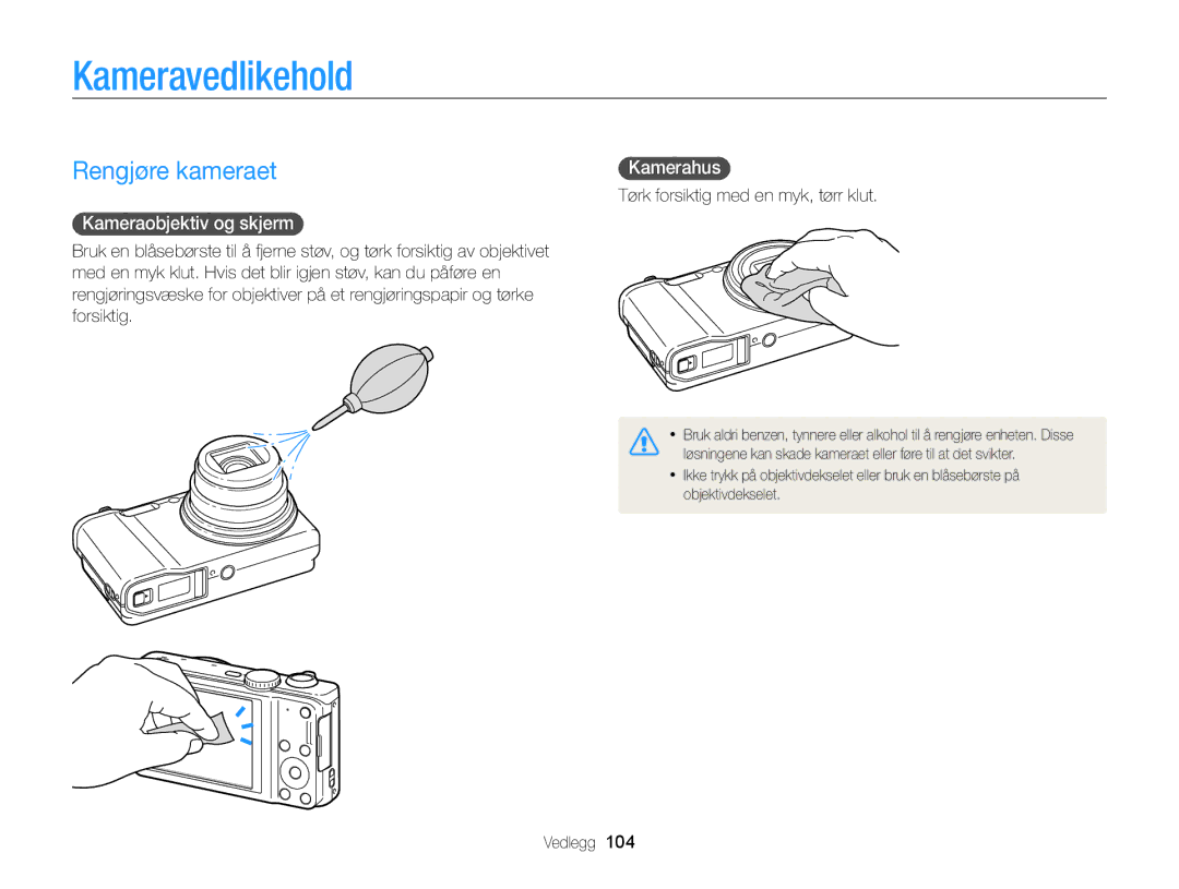 Samsung EC-WB700ZBPBE2, EC-WB700ZBPSE2 manual Kameravedlikehold, Rengjøre kameraet, Kameraobjektiv og skjerm, Kamerahus 