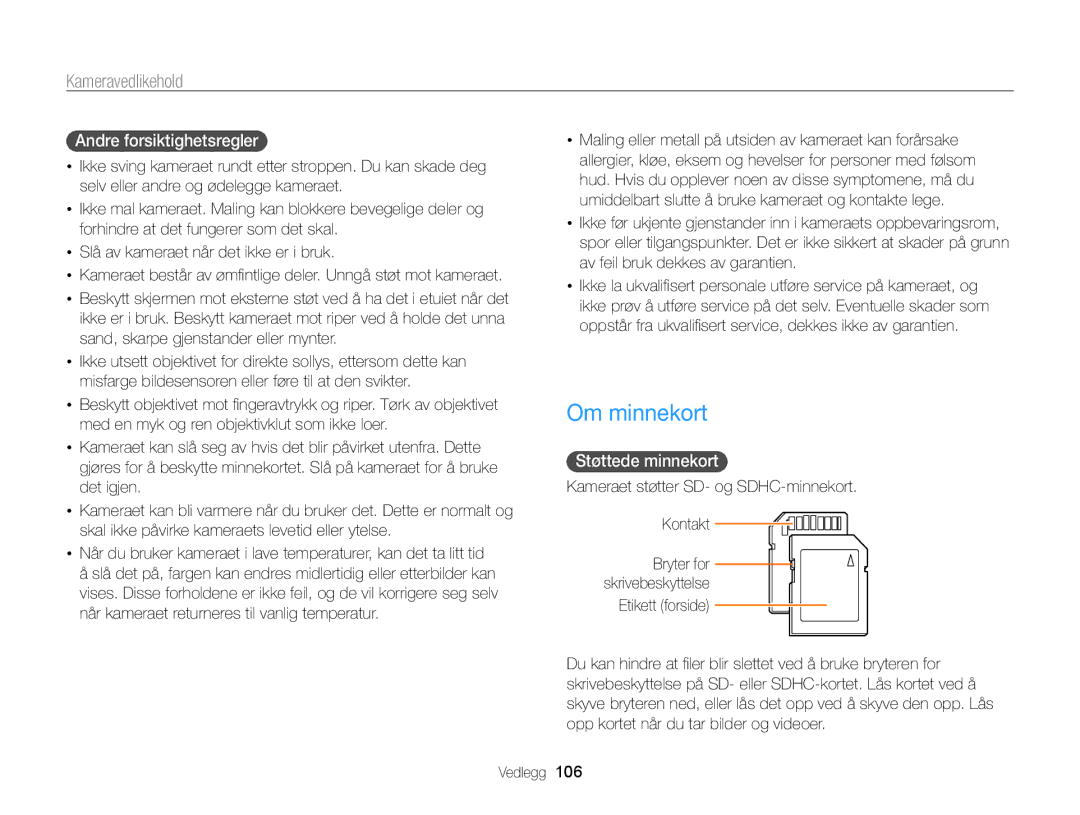 Samsung EC-WB700ZBPBE2, EC-WB700ZBPSE2 manual Om minnekort, Andre forsiktighetsregler, Støttede minnekort 