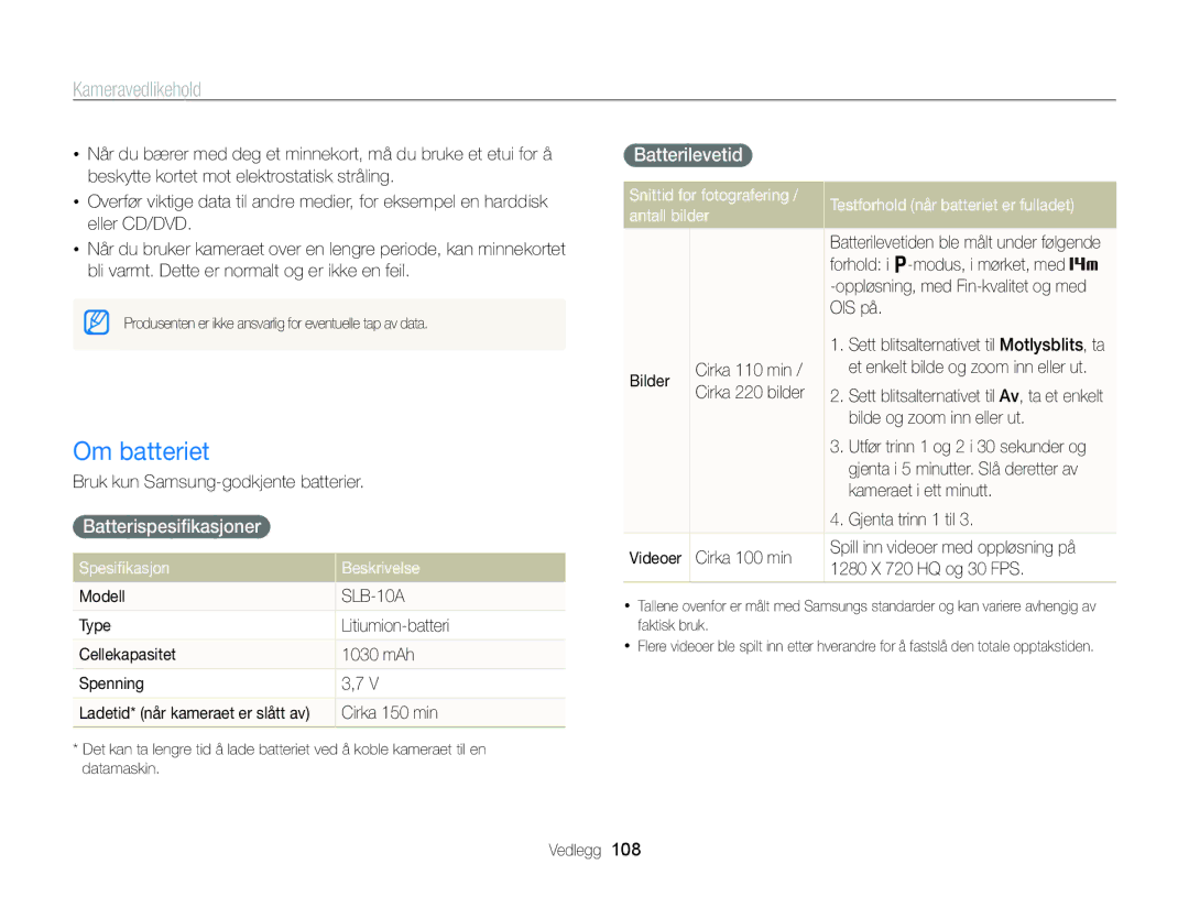 Samsung EC-WB700ZBPBE2, EC-WB700ZBPSE2 manual Om batteriet, Batterispesiﬁkasjoner, Batterilevetid 