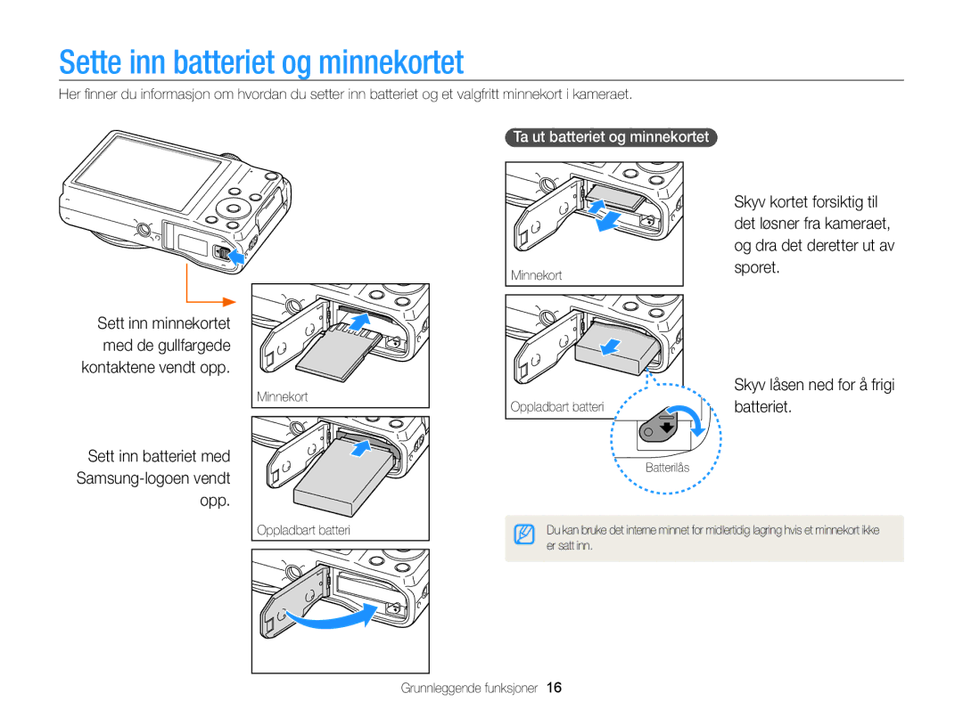 Samsung EC-WB700ZBPBE2, EC-WB700ZBPSE2 manual Sette inn batteriet og minnekortet, Batteriet, Ta ut batteriet og minnekortet 