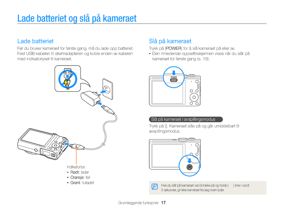 Samsung EC-WB700ZBPSE2, EC-WB700ZBPBE2 manual Lade batteriet og slå på kameraet, Slå på kameraet i avspillingsmodus 