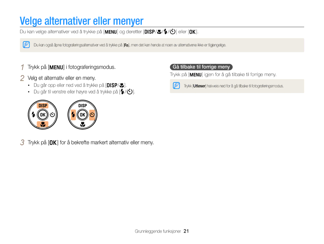 Samsung EC-WB700ZBPSE2 Velge alternativer eller menyer, Velg et alternativ eller en meny, Gå tilbake til forrige meny 