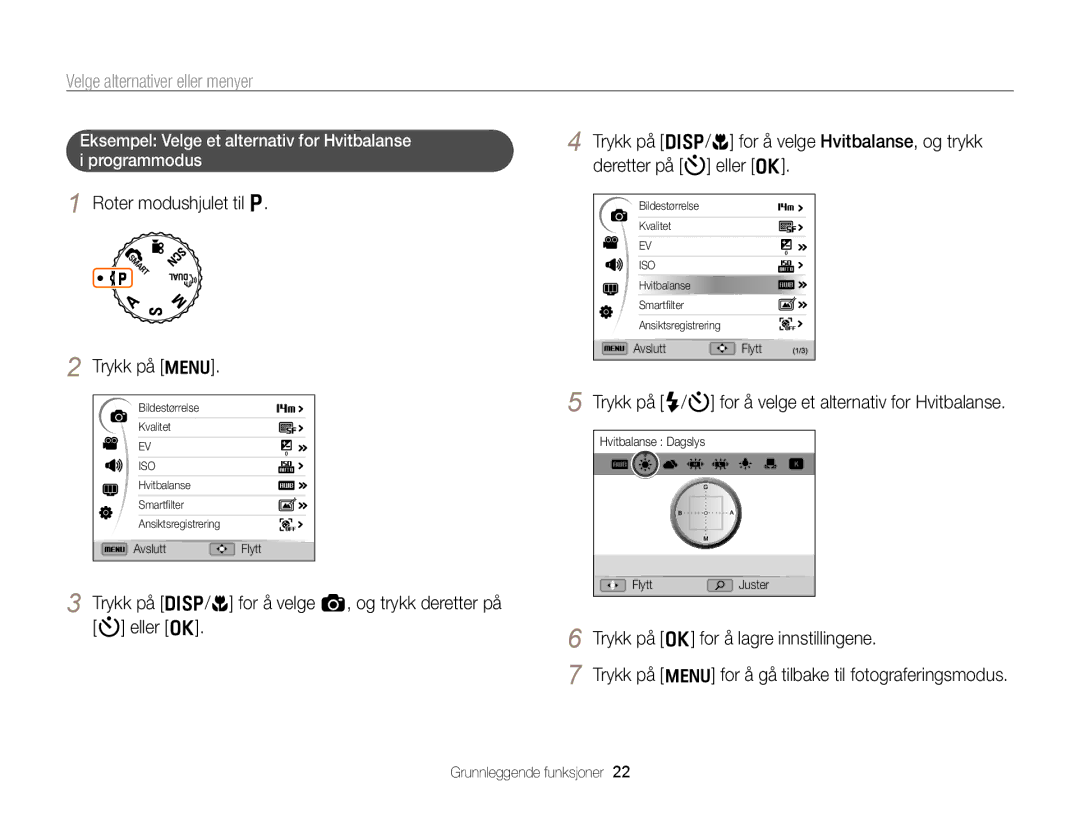 Samsung EC-WB700ZBPBE2, EC-WB700ZBPSE2 manual Velge alternativer eller menyer, Roter modushjulet til p Trykk på m 