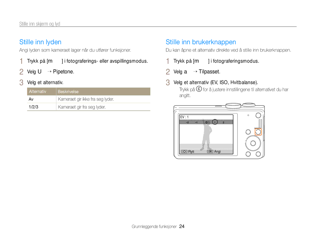 Samsung EC-WB700ZBPBE2 manual Stille inn lyden, Stille inn brukerknappen, Stille inn skjerm og lyd, Alternativ Beskrivelse 