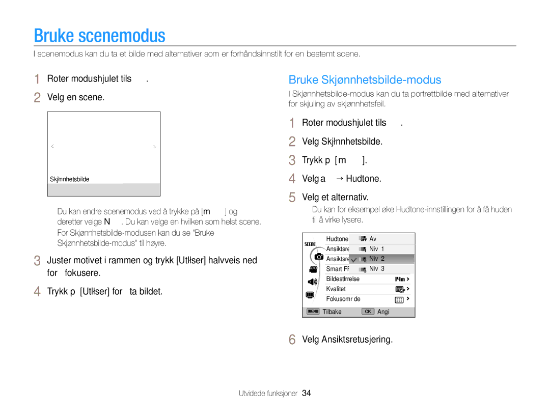 Samsung EC-WB700ZBPBE2 manual Bruke scenemodus, Bruke Skjønnhetsbilde-modus, Roter modushjulet til s Velg en scene 