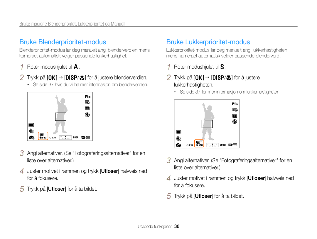 Samsung EC-WB700ZBPBE2, EC-WB700ZBPSE2 manual Bruke Blenderprioritet-modus, Bruke Lukkerprioritet-modus 