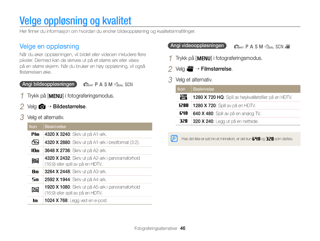 Samsung EC-WB700ZBPBE2 manual Velge oppløsning og kvalitet, Velge en oppløsning, Angi bildeoppløsningen S p a h M d s 