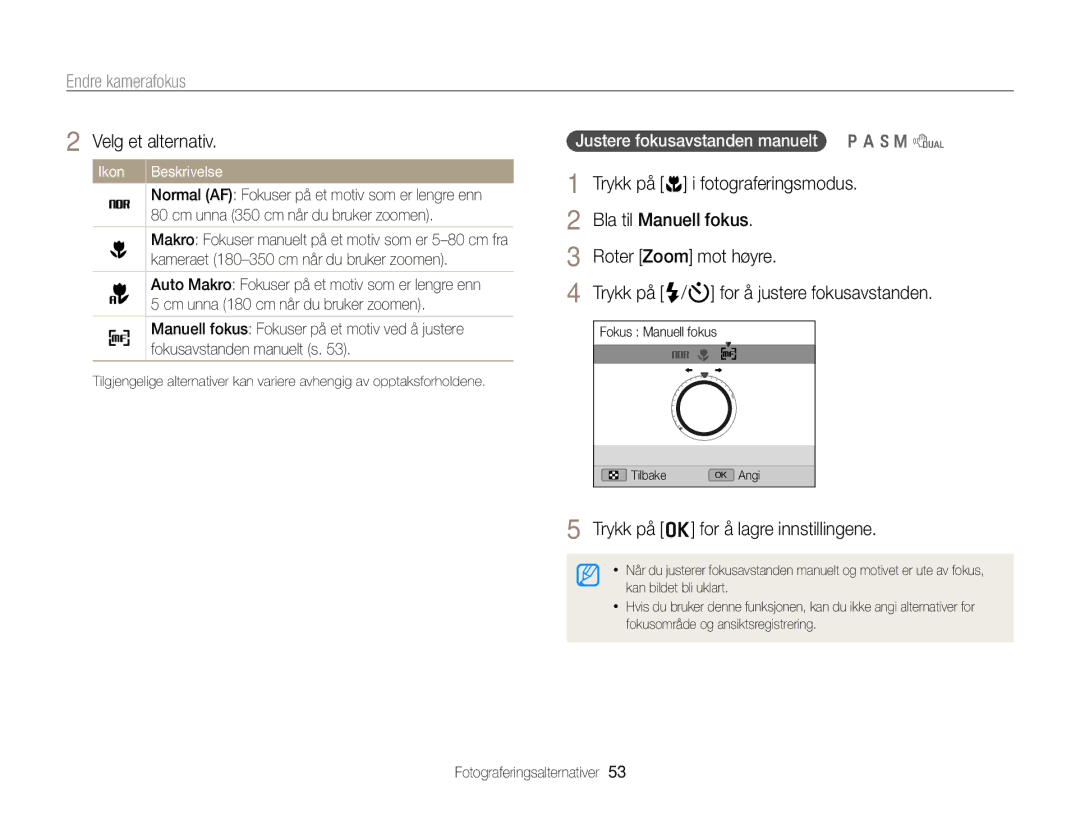 Samsung EC-WB700ZBPSE2, EC-WB700ZBPBE2 manual Endre kamerafokus, Justere fokusavstanden manuelt p a h M d 