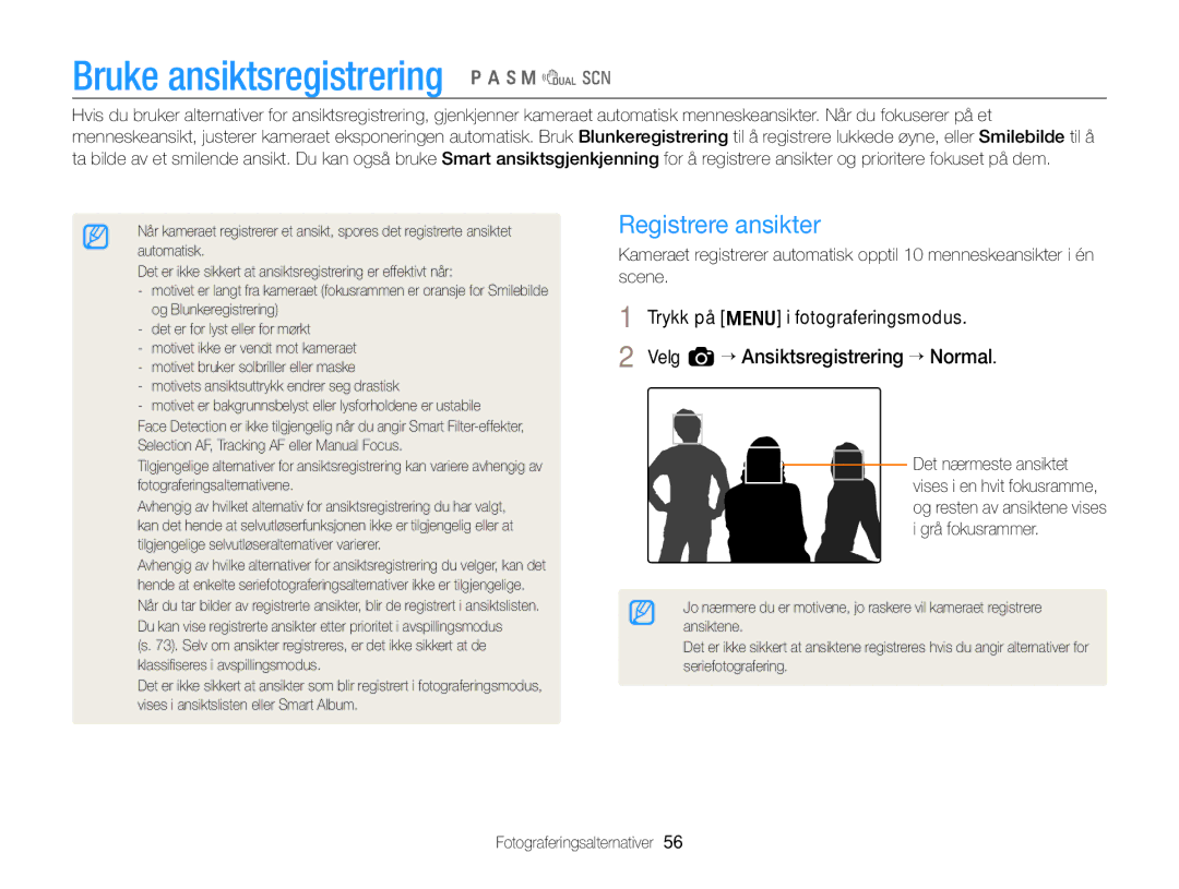 Samsung EC-WB700ZBPBE2, EC-WB700ZBPSE2 manual Bruke ansiktsregistrering p a h M d s, Registrere ansikter 