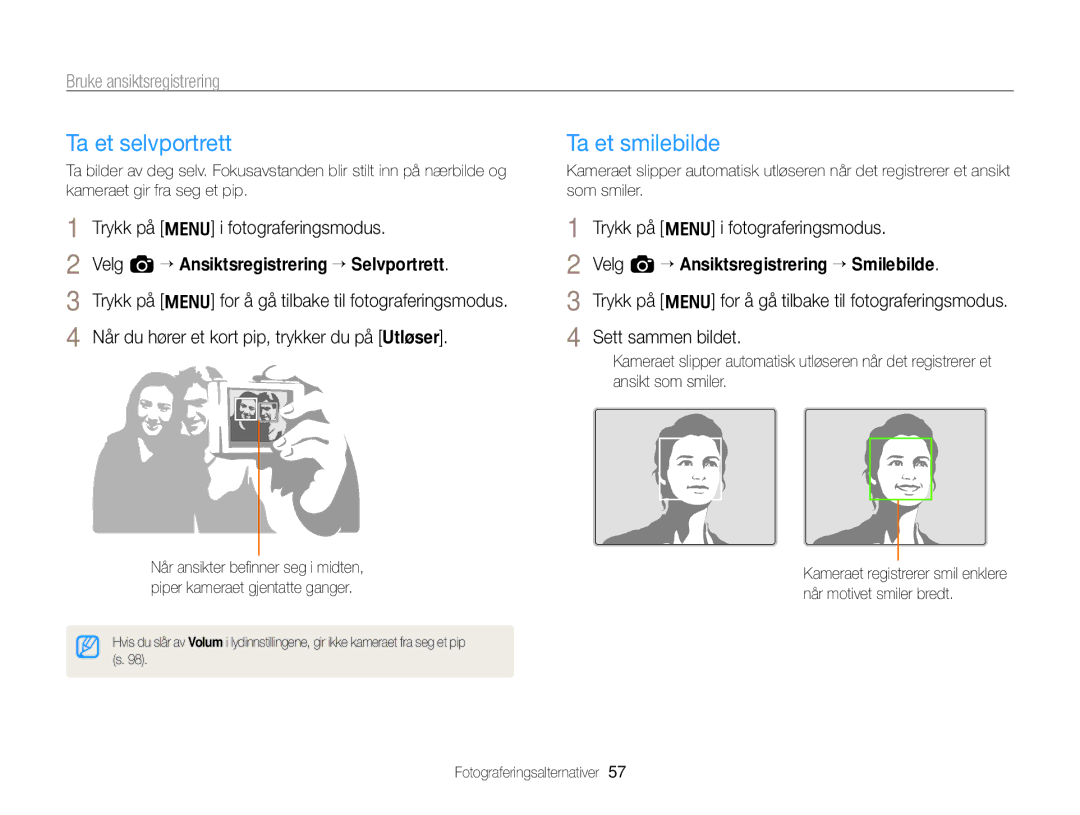 Samsung EC-WB700ZBPSE2, EC-WB700ZBPBE2 manual Ta et selvportrett, Ta et smilebilde, Bruke ansiktsregistrering 