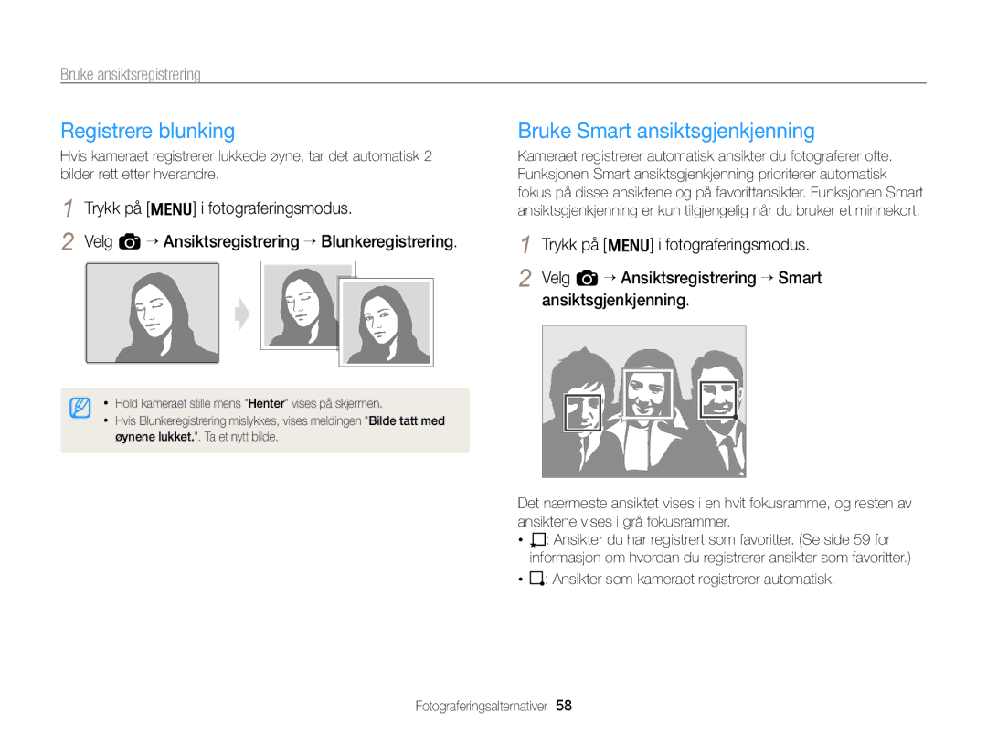 Samsung EC-WB700ZBPBE2, EC-WB700ZBPSE2 manual Registrere blunking, Bruke Smart ansiktsgjenkjenning 