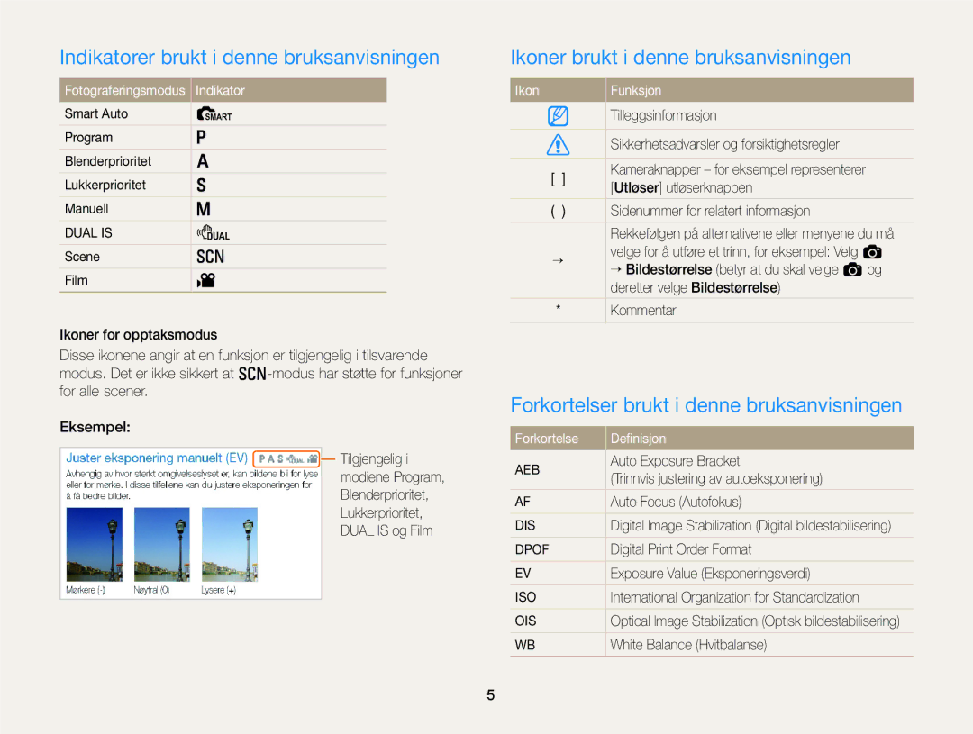 Samsung EC-WB700ZBPSE2, EC-WB700ZBPBE2 Indikatorer brukt i denne bruksanvisningen, Ikoner brukt i denne bruksanvisningen 