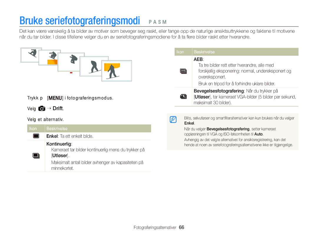 Samsung EC-WB700ZBPBE2, EC-WB700ZBPSE2 manual Bruke seriefotograferingsmodi p a h M, Ikon Beskrivelse 