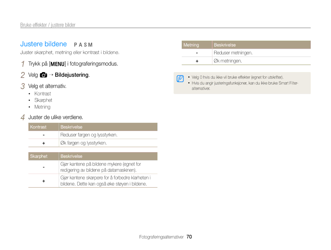 Samsung EC-WB700ZBPBE2 manual Justere bildene p a h M, Juster de ulike verdiene, Kontrast, Skarphet Beskrivelse, Metning 