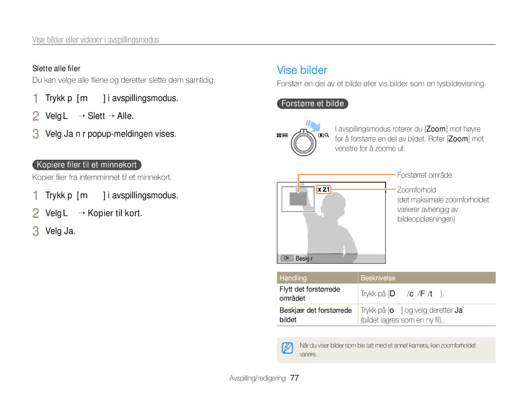 Samsung EC-WB700ZBPSE2 manual Vise bilder, Velg L “ Kopier til kort, Forstørre et bilde, Kopiere ﬁler til et minnekort 