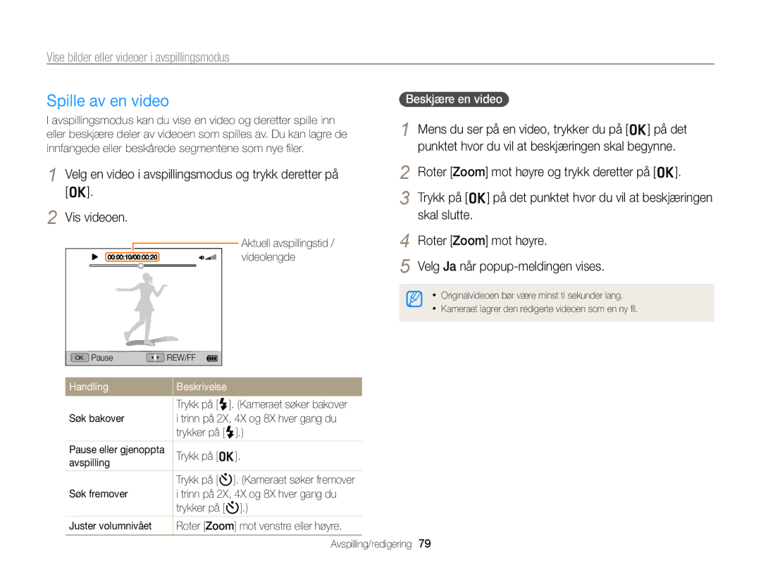 Samsung EC-WB700ZBPSE2 Spille av en video, Beskjære en video, Søk bakover Trinn på 2X, 4X og 8X hver gang du Trykker på F 