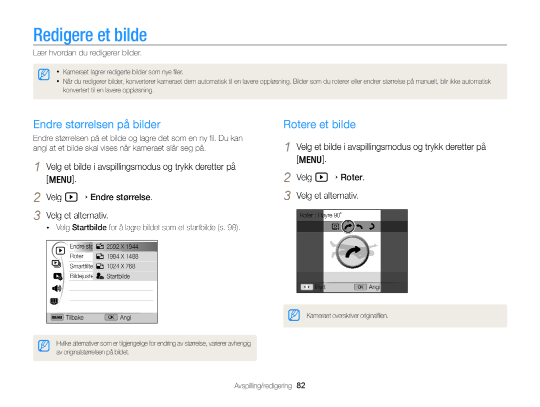 Samsung EC-WB700ZBPBE2 Redigere et bilde, Endre størrelsen på bilder, Rotere et bilde, Lær hvordan du redigerer bilder 