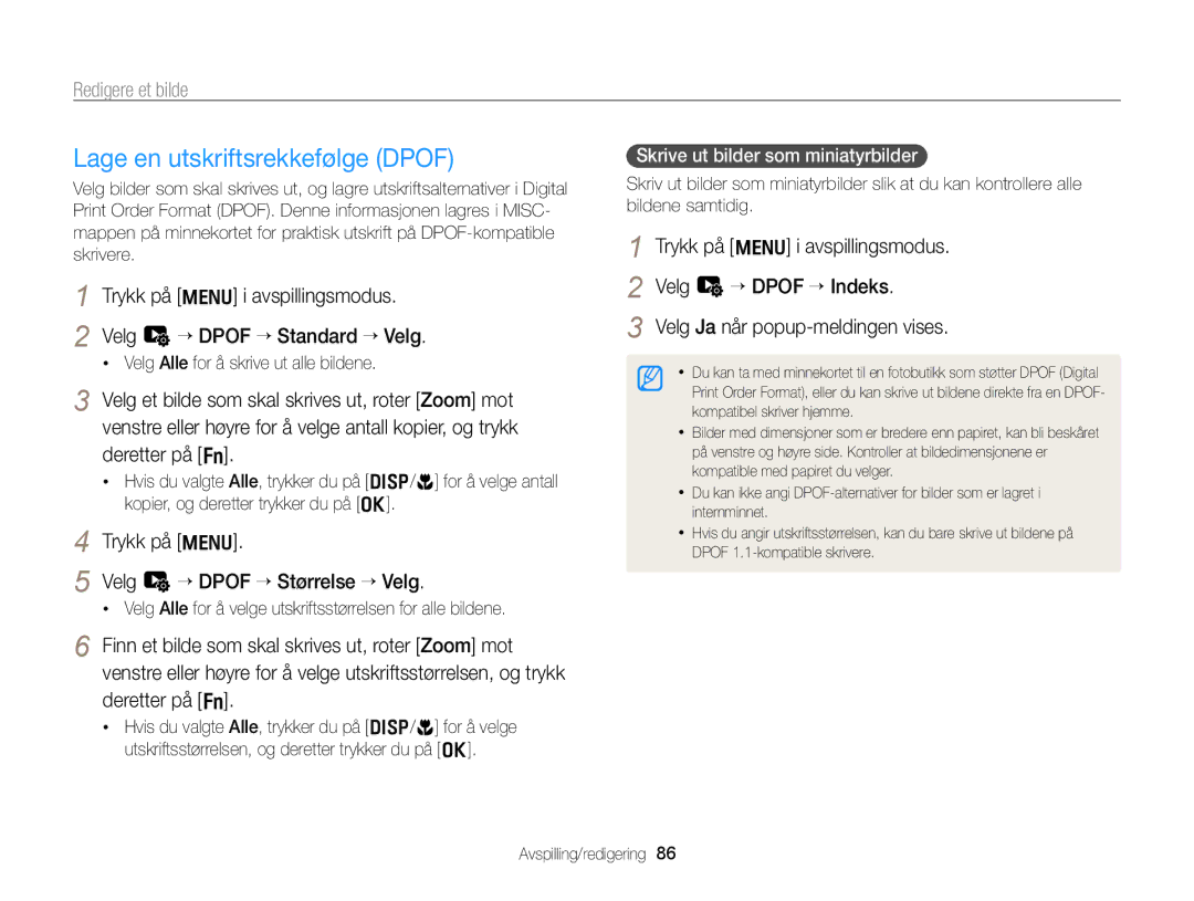 Samsung EC-WB700ZBPBE2, EC-WB700ZBPSE2 manual Lage en utskriftsrekkefølge Dpof, Skrive ut bilder som miniatyrbilder 