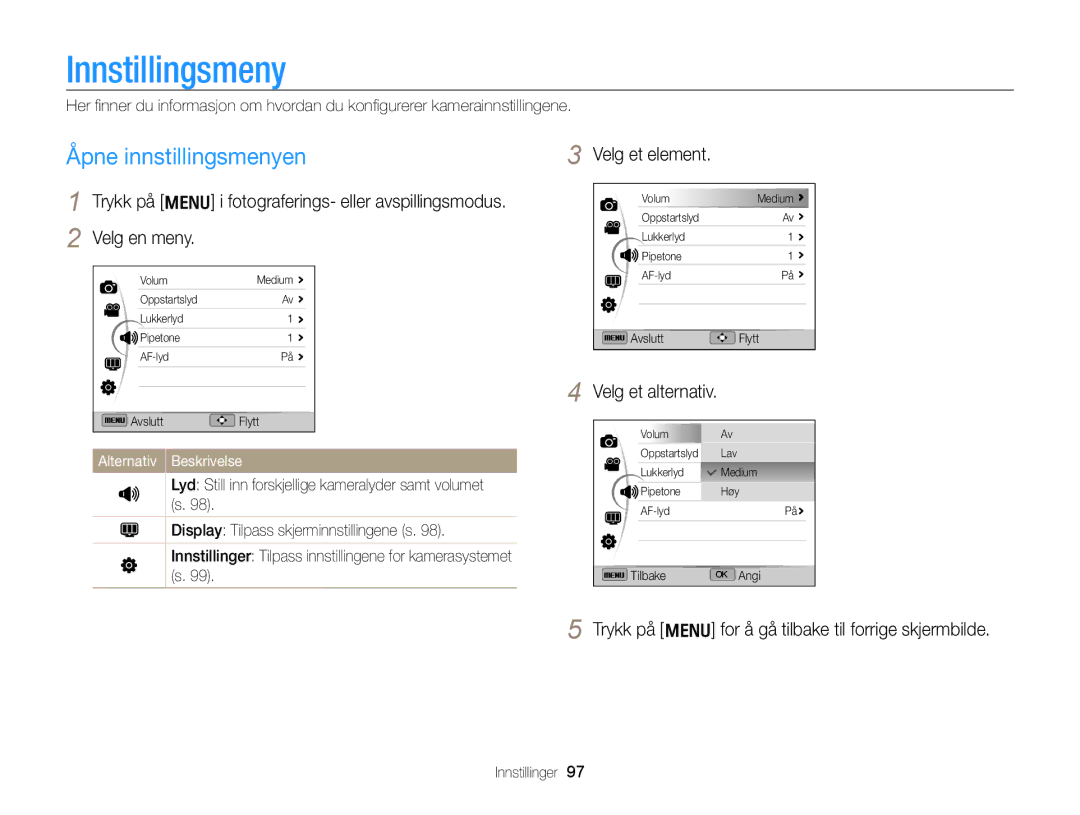 Samsung EC-WB700ZBPSE2 Innstillingsmeny, Åpne innstillingsmenyen, Trykk på m i fotograferings- eller avspillingsmodus 