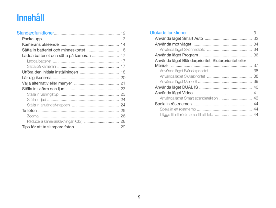 Samsung EC-WB700ZBPSE2, EC-WB700ZBPBE2 manual Innehåll, Använda läget Bländarprioritet, Slutarprioritet eller 