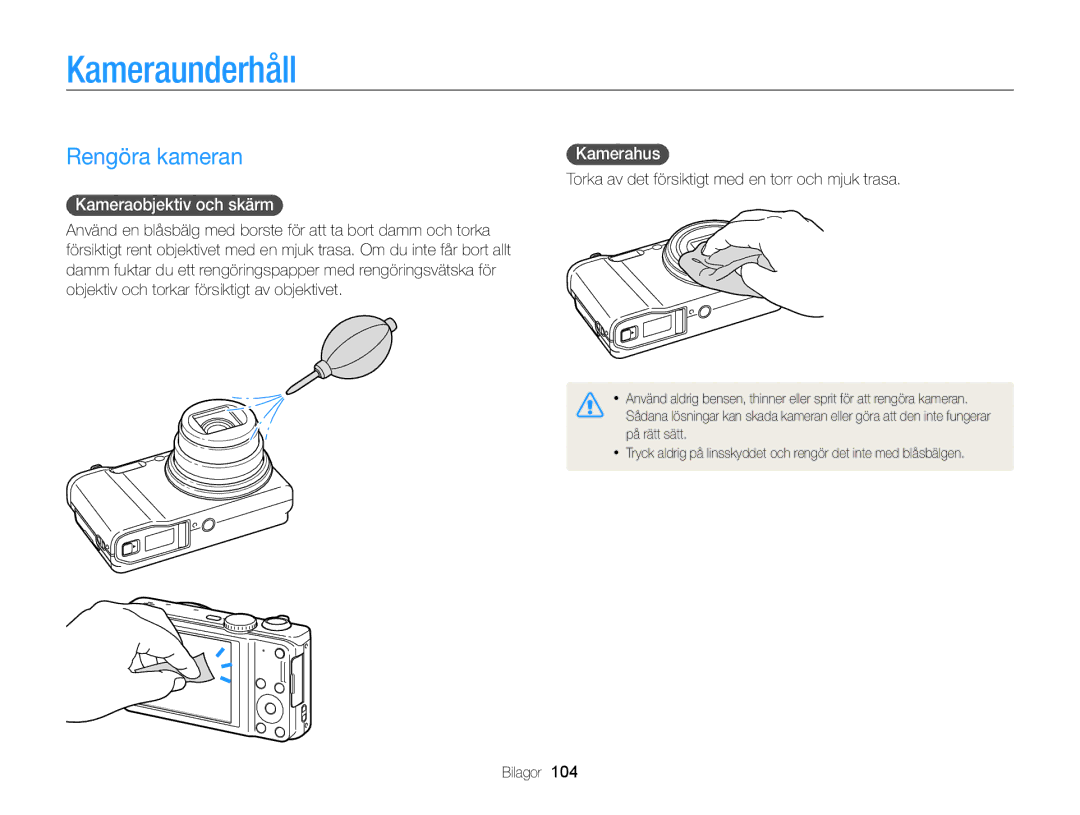 Samsung EC-WB700ZBPBE2, EC-WB700ZBPSE2 manual Kameraunderhåll, Rengöra kameran, Kameraobjektiv och skärm, Kamerahus 